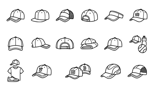 Baseball Cap Line Icon Set Featuring Sports Hats and Fashion Headwear Symbols