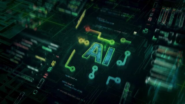 Glowing neon AI text logo on a dark green digital circuit board motherboard background.