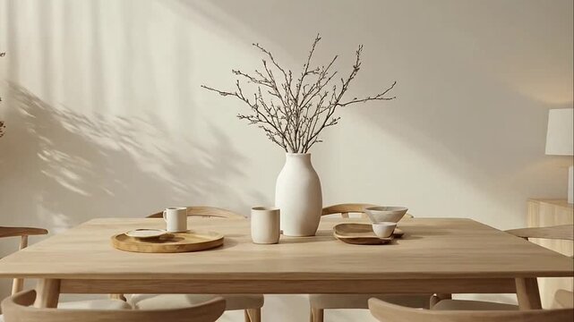 Warm and inviting minimalist dining room with wooden table, chairs, and tall pampas grass decor.