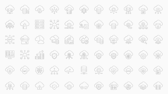 Cloud Computing Metallic Monoline Icons &ndash; Premium Server Infrastructure Vector Set