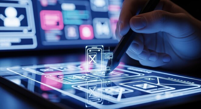 Person's Hand Using Stylus on Tablet Displaying Digital App Interface and Wireframes