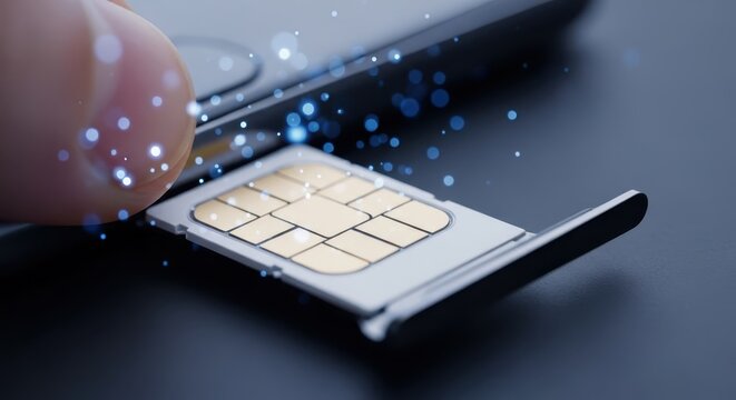 Extreme close-up of a gold SIM card being inserted into a mobile phone slot, highlighting digital connectivity