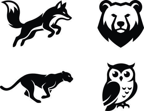 A array of stylized black and white minimalist animal silhouettes for proficient graphic layout branding.