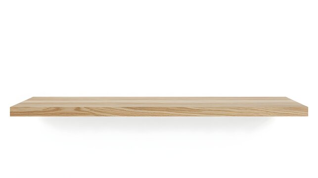 Wooden shelf with natural grain pattern floating in midair  empty space for display transparent background