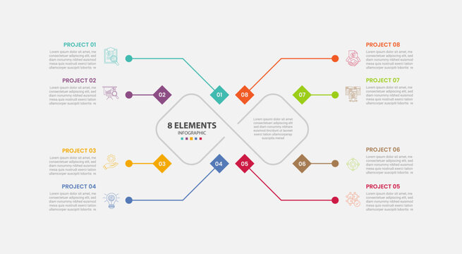 8 points template infographic outline style with 8 point stage or step template with endless loop circular cycle with small rhombus line pointer for slide presentation