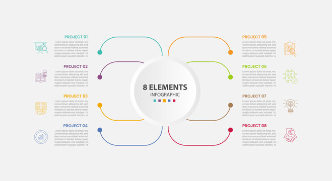 8 points template infographic outline style with 8 point stage or step template with big circle center centralized with round curve line on each side for slide presentation
