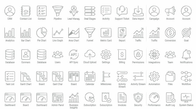 SaaS Dashboard Metallic Monoline Icons &ndash; Premium Analytics & CRM Vector Pack