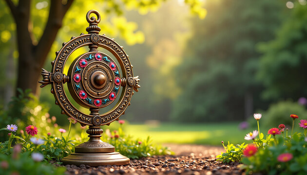 Brass Dharma wheel surrounded by flowers in lush garden, spiritual essence