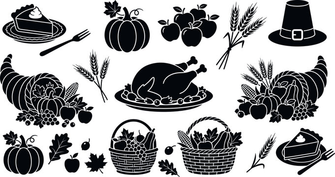 Thanksgiving silhouette icons set including turkey pumpkin pie and cornucopia