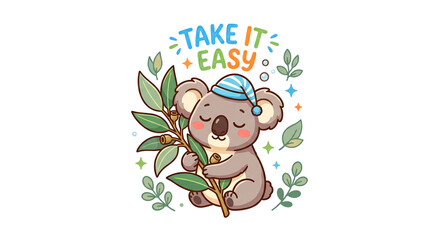 Fototapeta premium Cute Kawaii Koala Sleeping on Eucalyptus Branch Vector T-Shirt Design 
