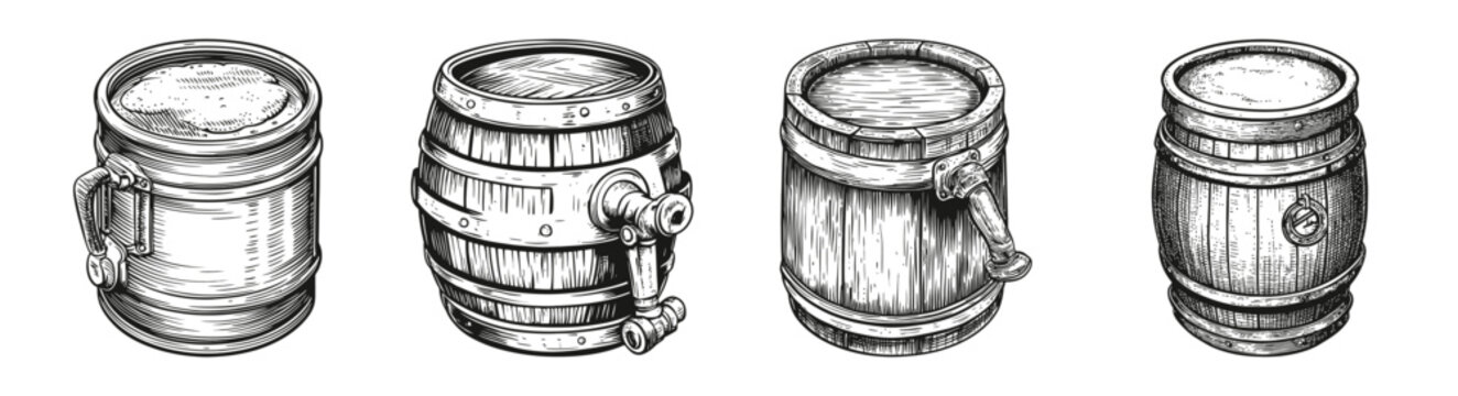 Vintage Illustrations of Beer Barrels in Various Styles and Designs