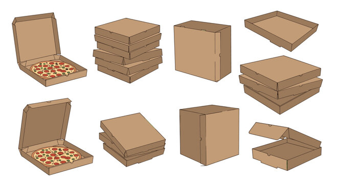 Set of cardboard pizza boxes shown from different angles and positions including open and stacked arrangements.