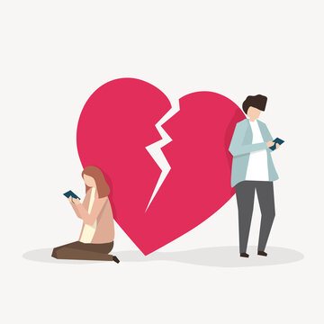Illustration of a couple with a broken heart, both using phones.