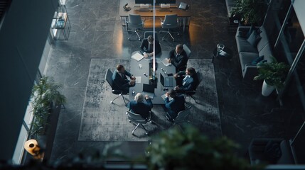 Obraz premium Overhead View of a Modern Corporate Office Meeting Room with Diverse Team Collaborating at a Conference Table