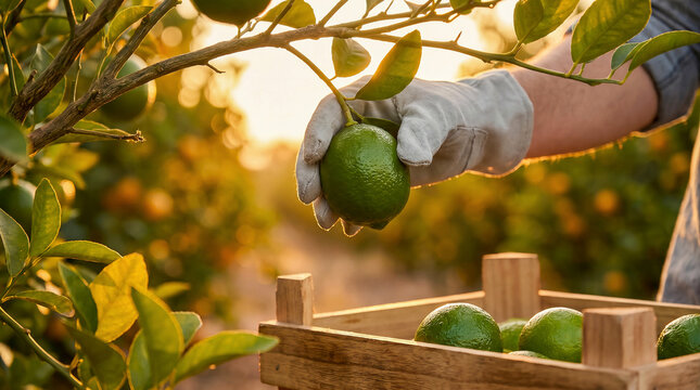 Farmer harvesting fresh green limes in citrus orchard at golden sunset