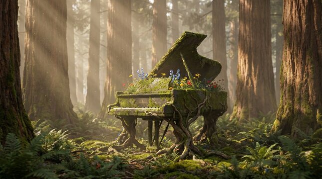 Abandoned grand piano covered in green moss and roots standing in deep forest with sun rays