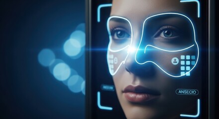 Obraz premium Extreme close-up of a human face undergoing biometric scanning and facial recognition technology for security and identification purposes