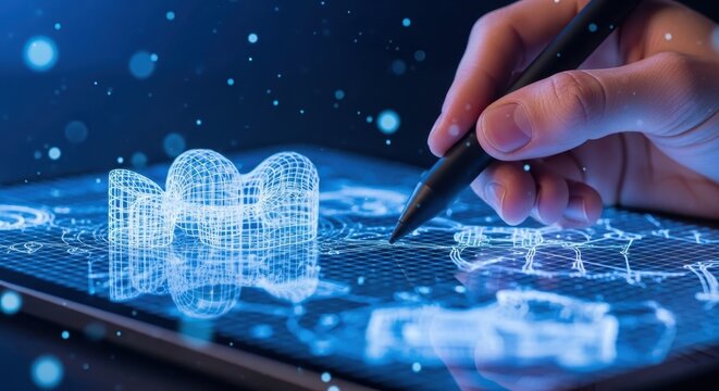 Digital blueprint creation using a stylus on a futuristic tablet interface with glowing wireframe elements