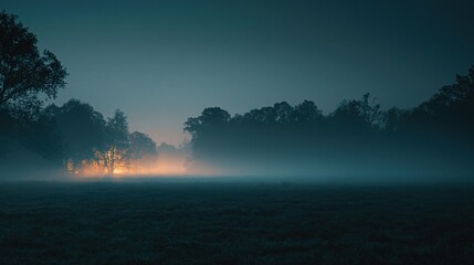 Fototapeta premium Ethereal Misty Forest Landscape at Dusk with Warm Glowing Light Amongst Silhouetted Trees