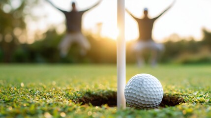 Naklejka premium Golf ball rolling towards hole on green with excited players celebrating in background during sunset