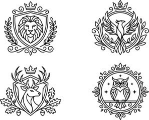 Fototapeta premium A assortment of four exquisite heraldic manner vector logos featuring a lion, a phoenix, a deer, and a wise owl.