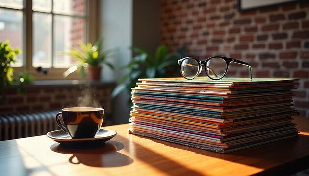 Colorful vinyl records stacked in urban apartment, morning vibes