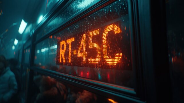 Close up of illuminated digital display on a moving vehicle showing route number at night