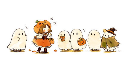 手描き風イラスト、ハロウィンや秋の装飾に使いやすい素材、季節素材、カード素材、親しみやすい、楽しい雰囲気、手描き、水彩、イラスト、ハロウィン、おばけ、仮装、子ども、人物、かぼちゃ、バケツ、お菓子、キャンディ、秋、季節、イベント、かわいい、シンプル、余白、キャラクター、挿絵、背景、広告、ブログ、カード、ポスター、ストック素材、商用利用 © 963k