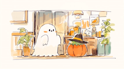 ゆるくてかわいいハロウィンイラスト、カードや告知に使える素材、季節素材、装飾素材、カード素材、親しみやすい、手描き、水彩、イラスト、ハロウィン、おばけ、仮装、子ども、人物、かぼちゃ、バケツ、お菓子、キャンディ、秋、季節、イベント、かわいい、シンプル、余白、キャラクター、挿絵、背景、広告、ブログ、カード、ポスター、ストック素材、商用利用 © 963k