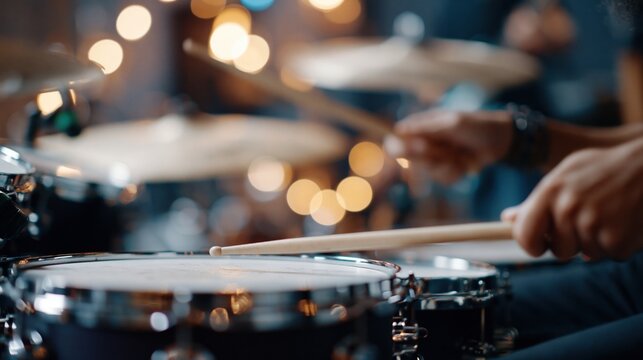 Close-up of a drummer playing a drum kit with blurred warm lights in the background during a performance