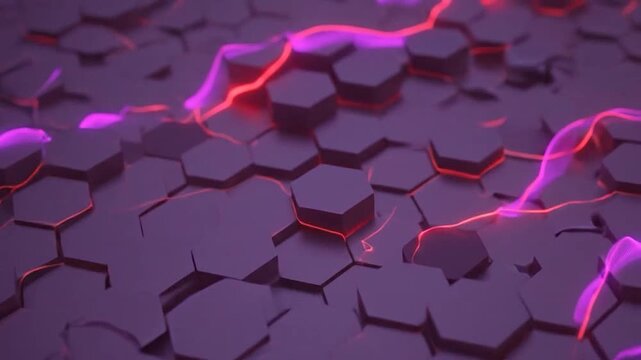 Dynamic abstract dark hexagonal pattern with glowing red and purple lines.