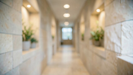 Obraz premium Warm diffused light in polished stone corridor of a luxury wellness center