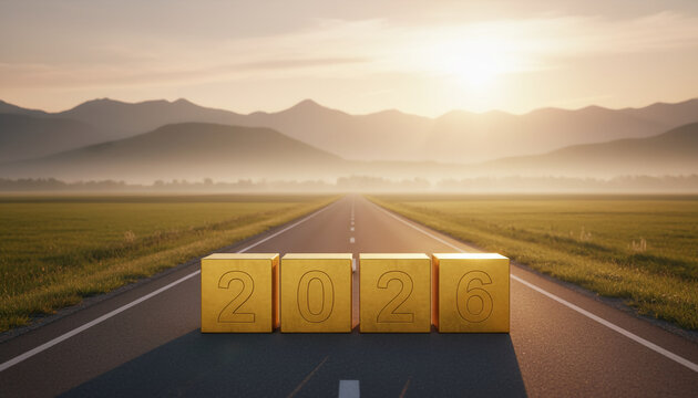Golden cubes displaying "2026" on an open road with misty mountains and a sunrise, symbolizing new beginnings, future prospects, and a journey ahead