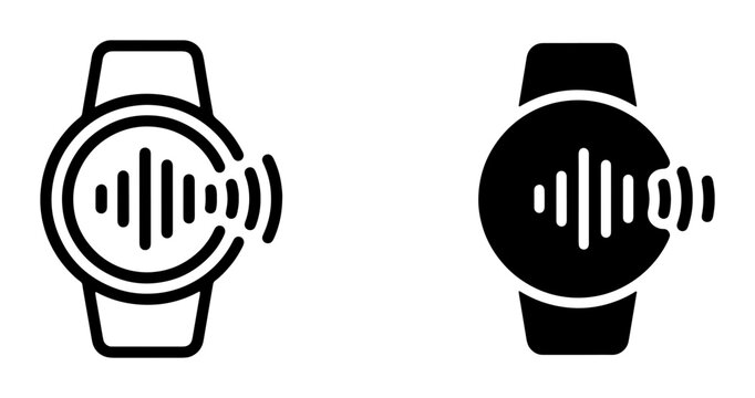 Smartwatch Voice Command Icons, Digital Assistant Interface, Audio Waveform Signal, Modern Wearable Technology Symbols, Black and White Vector Graphics