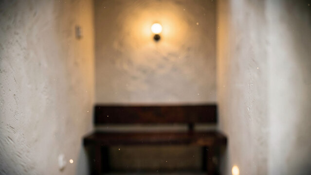 Navigating a textured minimalist wellness corridor featuring warm ambient lighting and dark wood acc