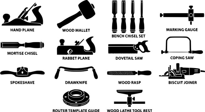 Set of woodworking hand tools and carpentry equipment silhouettes including planes, chisels, saws and carving knives