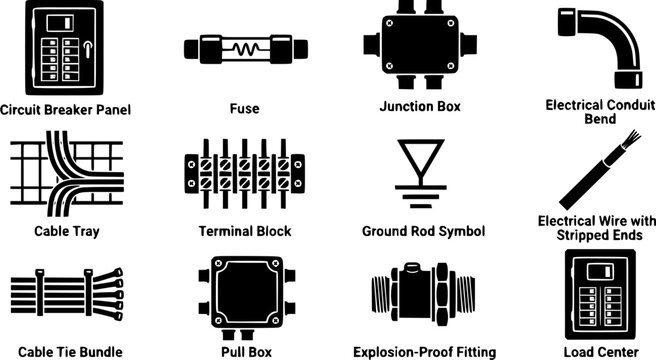 Set of electrical industrial icons including circuit breaker panels, junction boxes, cable trays and wiring components