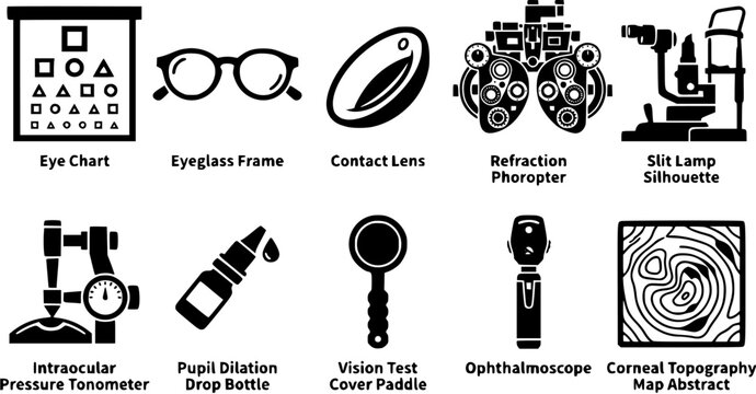 Set of ophthalmology and optometry diagnostic equipment icons featuring eye testing tools and medical examination instruments.