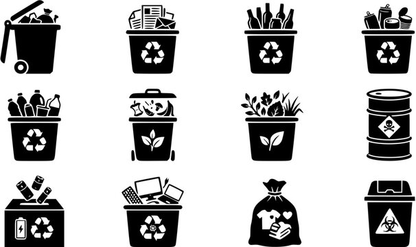 Set of waste management and recycling icons featuring different types of trash bins and disposal categories