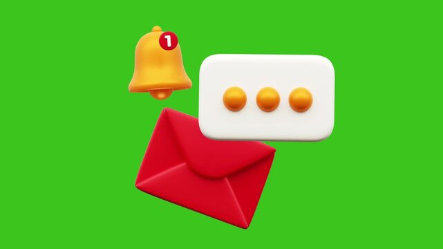 3d rendered icons new message received notification alert loop animation on green screen isolated backgound