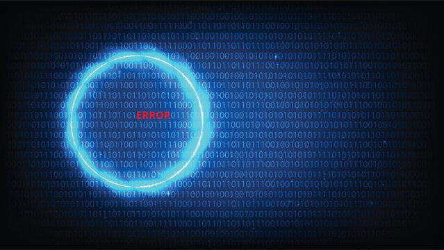 A glowing neon circle portal over a dark blue digital binary code background featuring a red error message