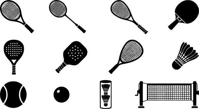 Set of black racket sports icons featuring tennis, badminton, squash, and pickleball equipment on white background