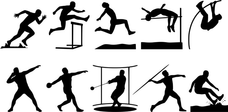 Set of track and field athlete silhouettes performing various jumping and throwing events
