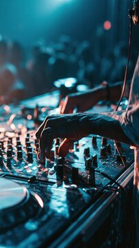 Close-up of DJ hands skillfully mixing music on illuminated sound console at vibrant nightlife event