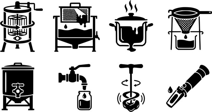 Honey production equipment icon set showing extraction, filtration, and processing tools for apiary and beekeeping industry