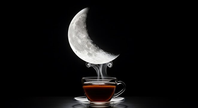 Crescent moon rising from a cup of hot steaming coffee on dark table