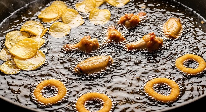 Crispy chicken wings, potato chips, and onion rings deep frying in hot oil