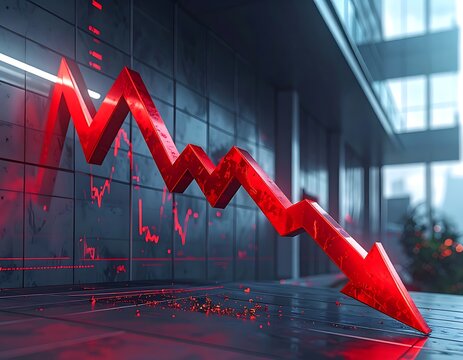 A large red downward arrow graphed on a wall