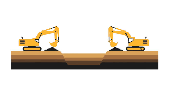 Two excavators digging a trench in layered earth, construction site illustration