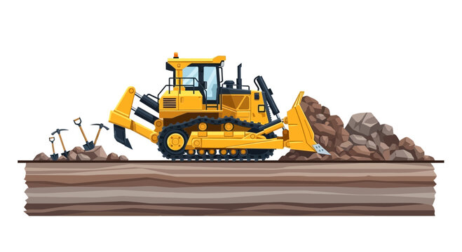 Yellow bulldozer clearing earth and rocks, industrial construction, heavy machinery